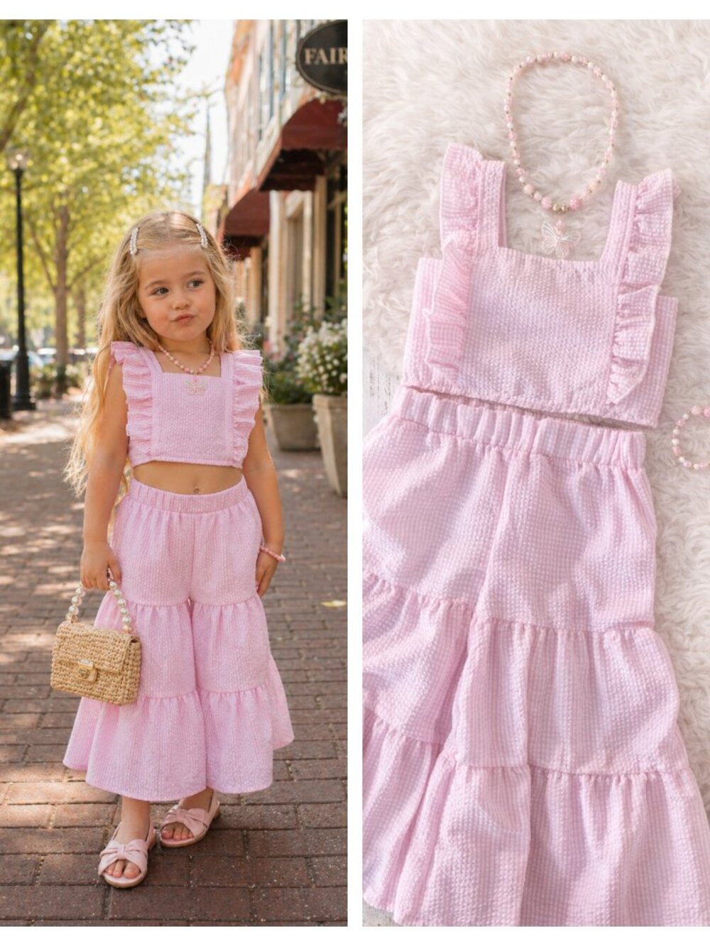 Two-Piece Seersucker Ruffle Bell Bottom Outfit